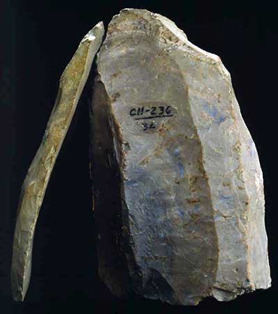 Clovis blade (left) and core (right) from the Little River area.