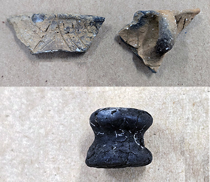 Artifacts from Andalex: top, Pond River Incised jar rim fragments, one with a loop-shaped handle; bottom, a ceramic earspool.