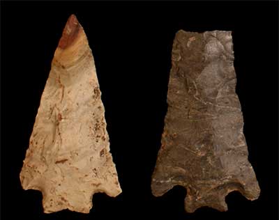 Examples of Canton Style Kirk-like spear points made from St. Louis (left) or Fort Payne (right) chert.