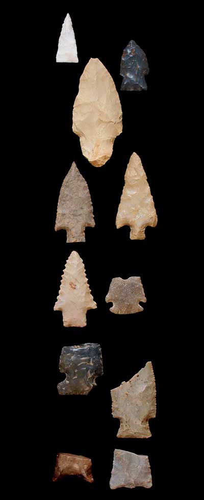 Spear points and an arrowhead from Twin Knobs Rockshelter in chronological order. The oldest tools are on the bottom row.