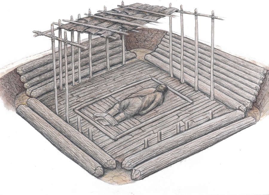 An artist's reconstruction of an Adena log-lined tomb.