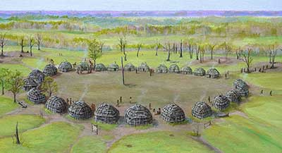 Artist's reconstruction of a Middle Fort Ancient village at Fox Farm.