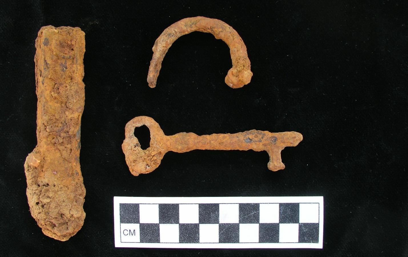 Iron door rim lock, padlock arm and skeleton key recovered from Hall Site