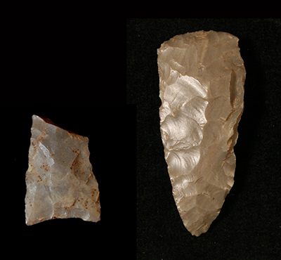 Triangular arrowhead fragment (left) and a triangular endscraper (right).