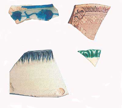 Handpainted pearlware (top left); transfer-printed whiteware (top right), and shell-edge whiteware (bottom row).