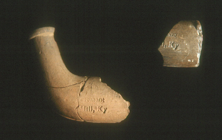 Sections of two clay smoking pipes marked “Pleasant Hill, Ky” helped reveal the production of these pipes at Pleasant Hill.
