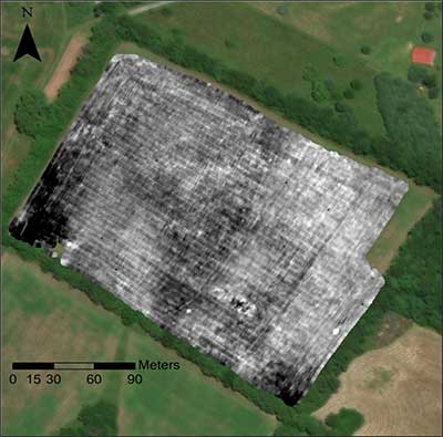 Magnetic gradiometry data from Singer.  Dark areas are the midden stains that surround their associated central plazas.