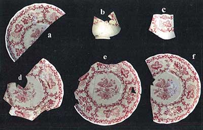 Transfer-printed “Coral Pattern” whiteware ceramic tea set from Baber Hotel:  a, d-f, saucers; b, c, cups.