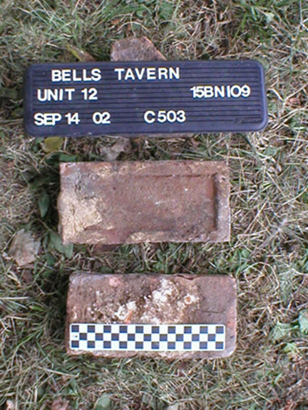 Handmade bricks found at the Bell’s Tavern site, showing a slight "frog."