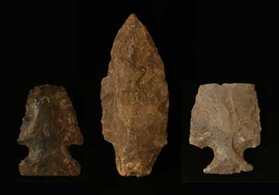 Spear point style changes over time: Raddatz Side Notched (left), McWhinney Heavy Stemmed (center), Motley (right).