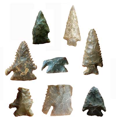 Kirk Corner Notched spear points, and one Kirk Stemmed spearpoint (upper right corner).