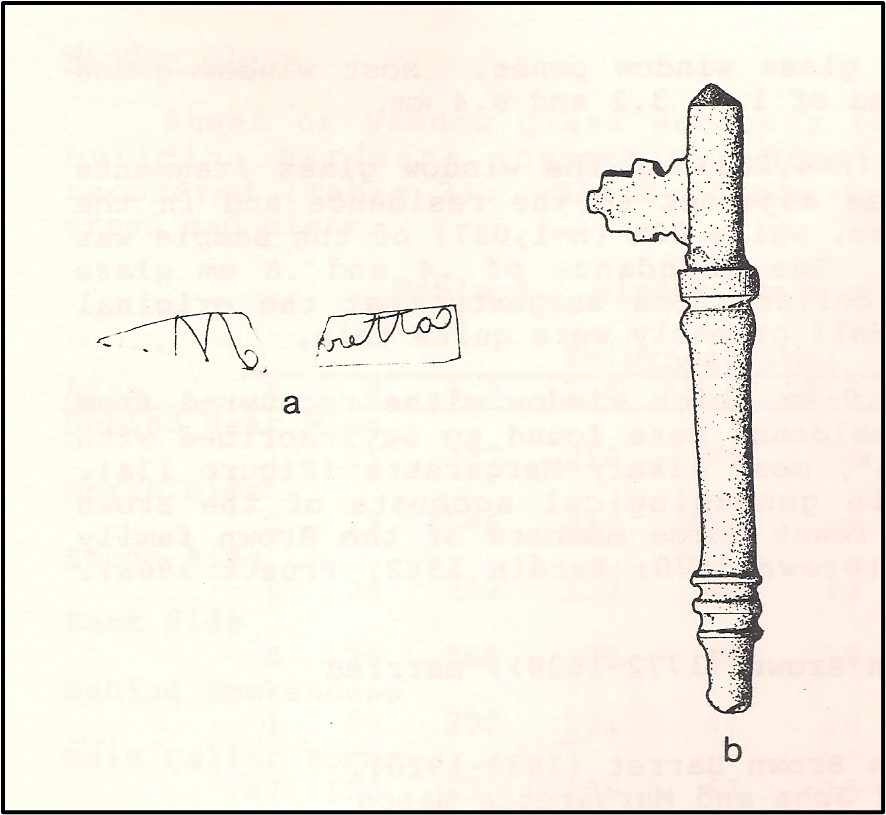 Items from Liberty Hall: a, pieces of window glass inscribed “Margaretta," John Brown’s granddaughter; b, brass door key.