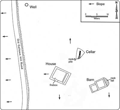 Site map showing the arrangement of the Rice Family's homeplace: outline of house, barn, root cellar, and well.