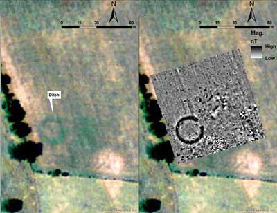 Enclosure images: aerial photograph taken during the 2012 drought (left), and map of the magnetometer data (right).