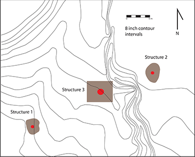 Map showing the location of the three structures documented at the Goolman site.