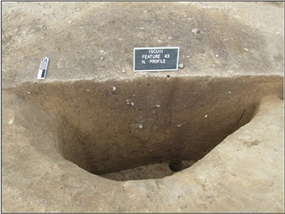 Profile of a large pit, showing (at the bottom, right side) where a pole extending below the pit bottom once stood.