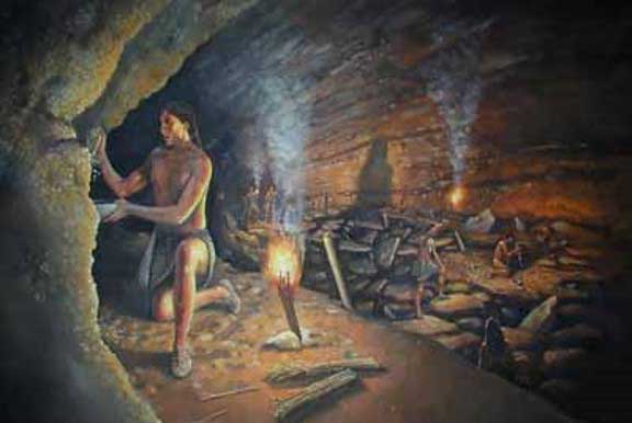 Artist reconstruction of Native American cave mining